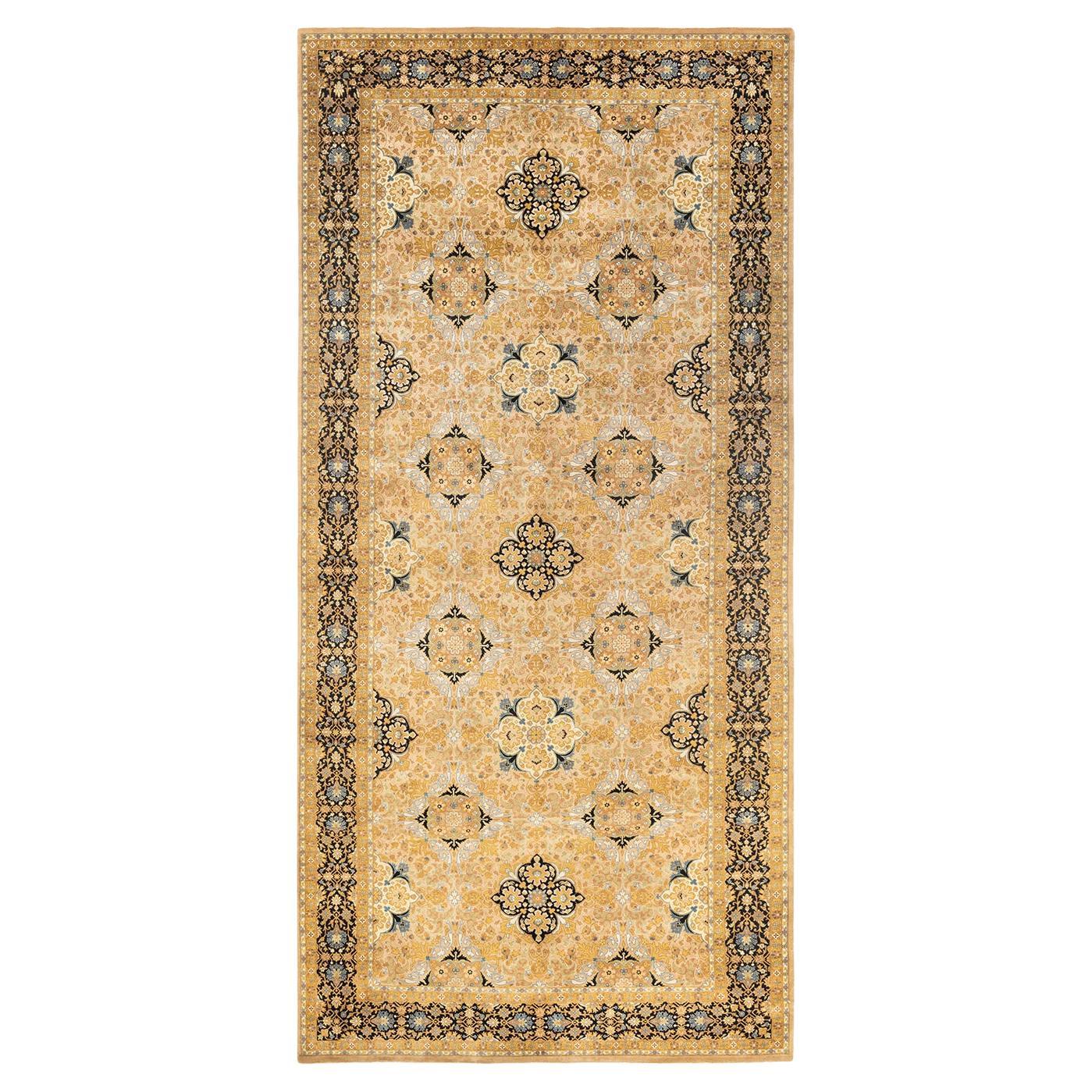 One-Of-A-Kind Hand Knotted Geometric Mogul Yellow Area Rug For Sale