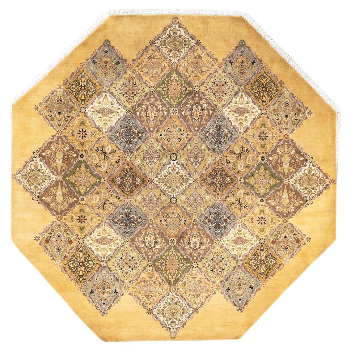 One-Of-A-Kind Hand Knotted Geometric Mogul Yellow Area Rug For Sale