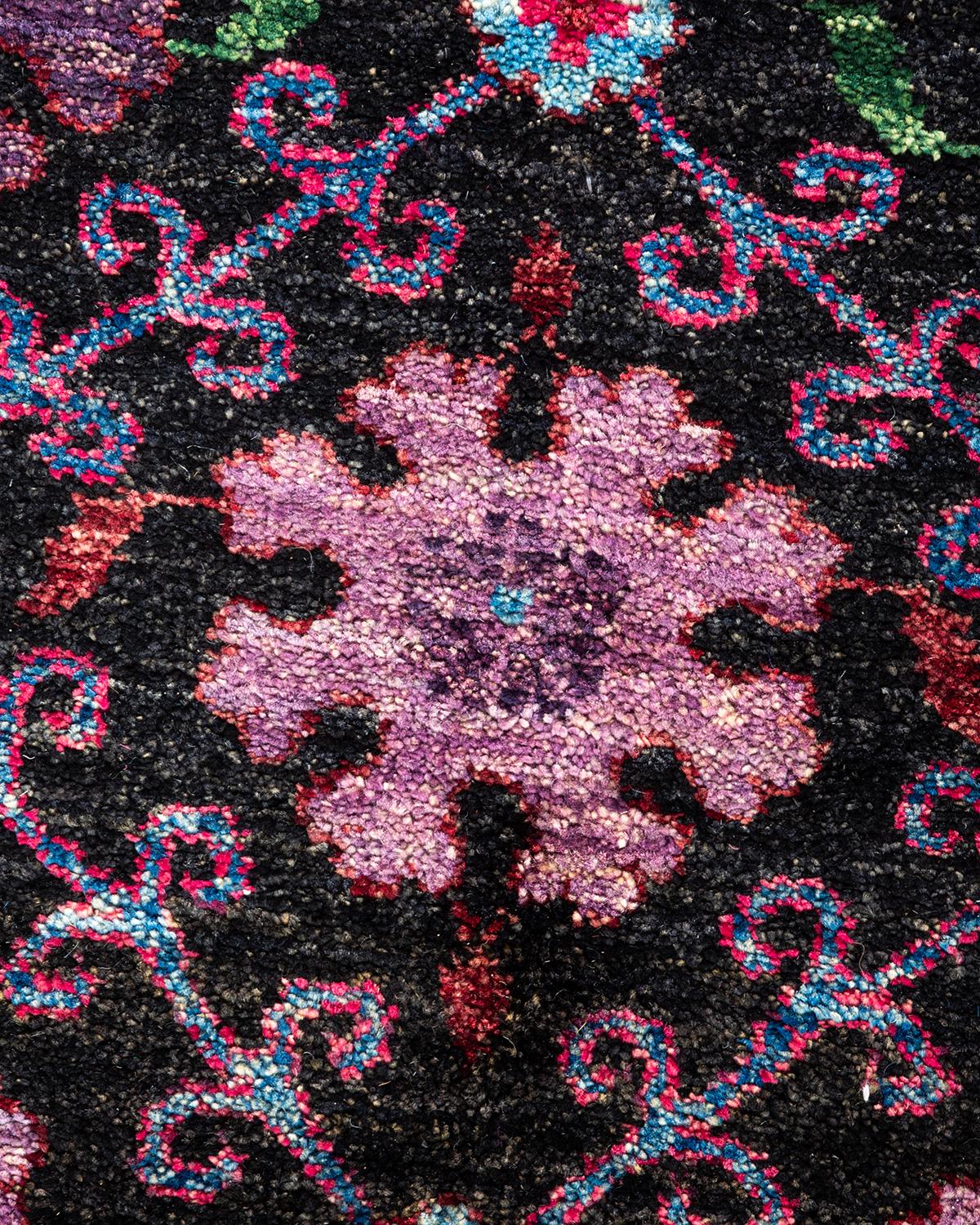 Pakistani One-of-a-Kind Hand Knotted Geometric Suzani Black Area Rug For Sale