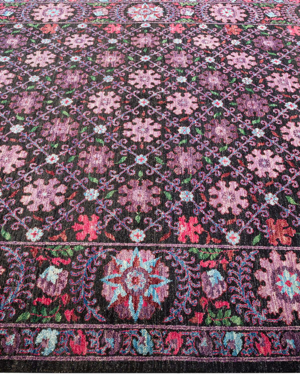 One-of-a-Kind Hand Knotted Geometric Suzani Black Area Rug In New Condition For Sale In Norwalk, CT