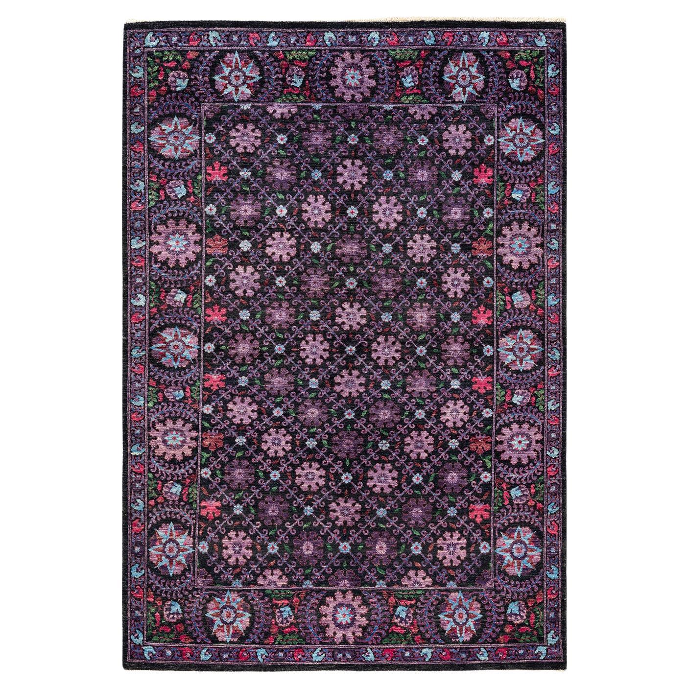 One-of-a-Kind Hand Knotted Geometric Suzani Black Area Rug For Sale