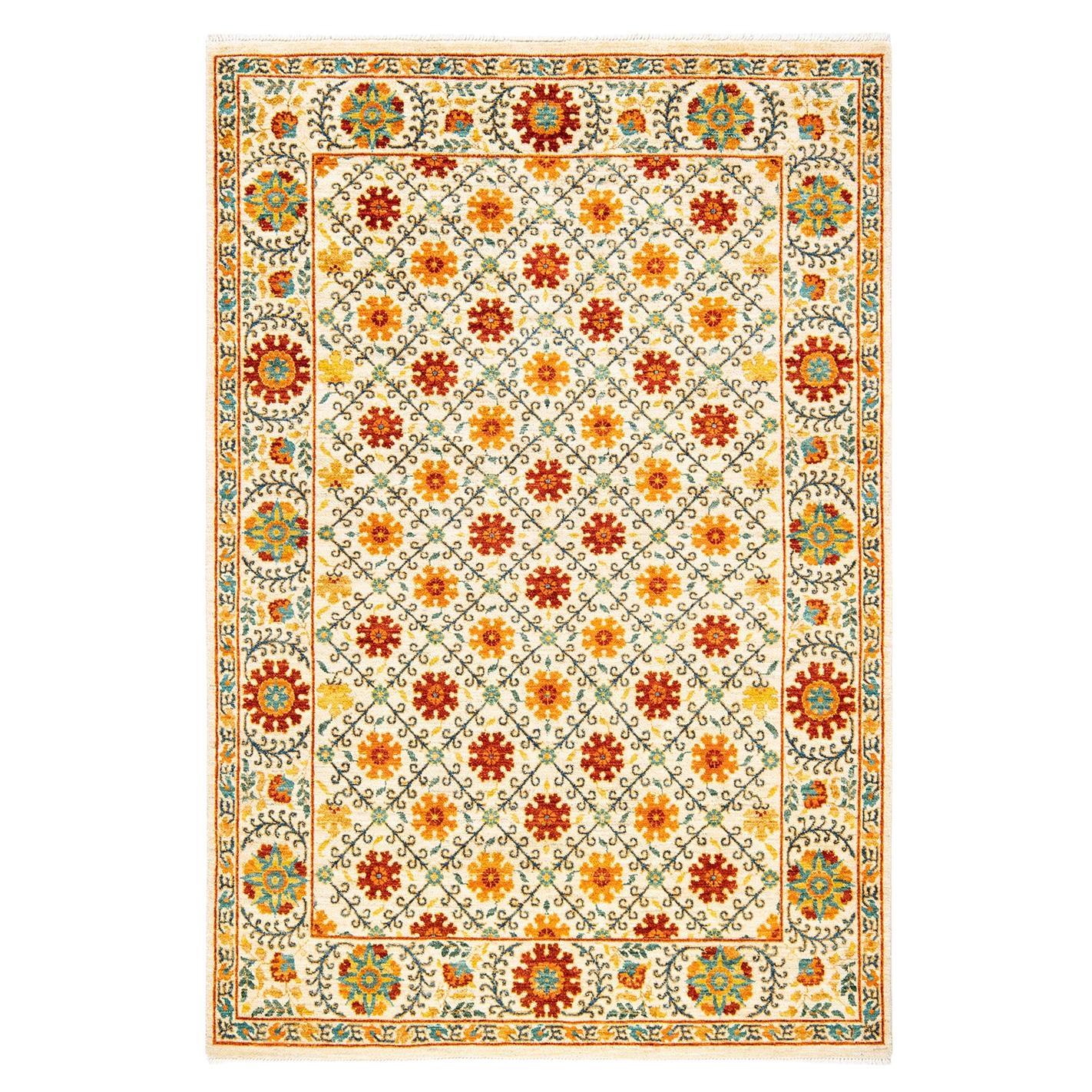 One-Of-A-Kind Hand Knotted Geometric Suzani Ivory Area Rug 5' 2" x 7' 7" For Sale