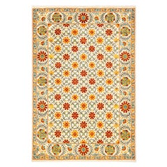 One-Of-A-Kind Hand Knotted Geometric Suzani Ivory Area Rug 5' 2" x 7' 7"