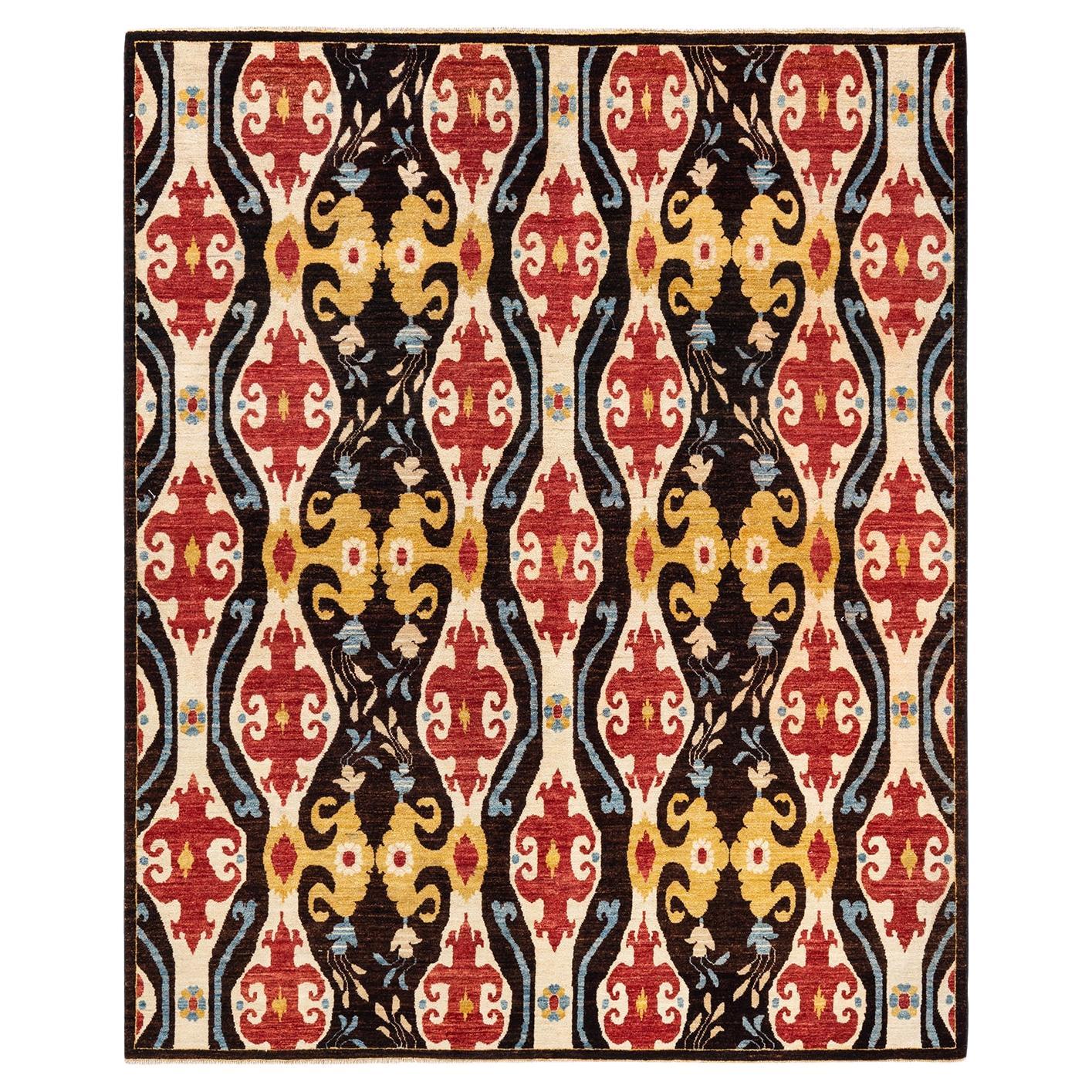 One-of-a-Kind Hand Knotted Ikat Eclectic Black Area Rug