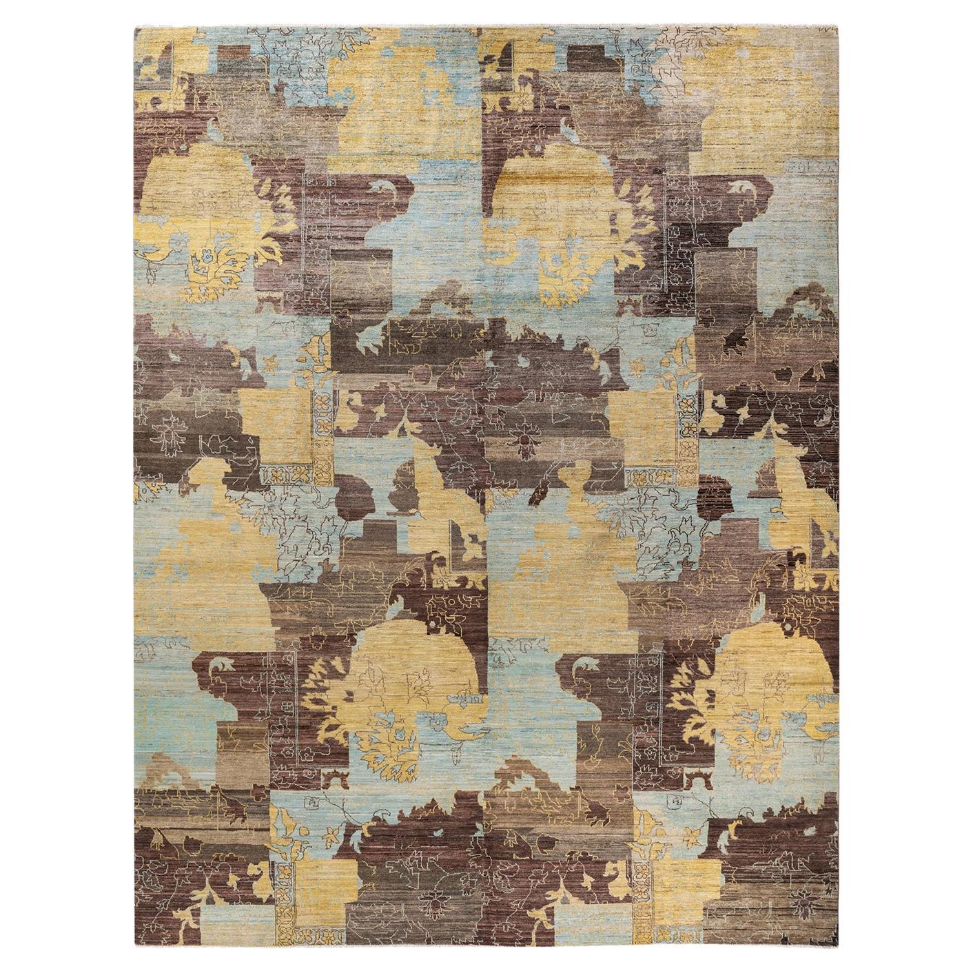 One-of-a-kind Hand Knotted Ikat Eclectic Brown Area Rug For Sale