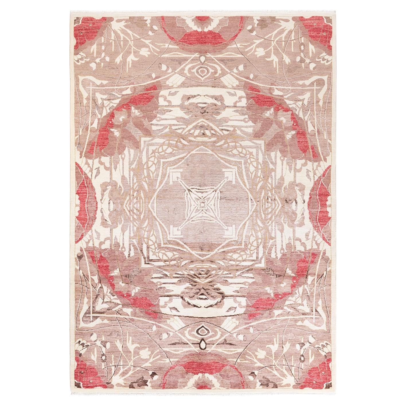 One-of-a-kind Hand Knotted Ikat Eclectic Ivory Area Rug For Sale