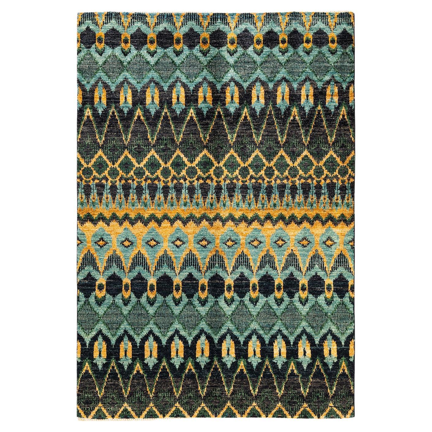 One-of-a-Kind Hand Knotted Ikat Modern Black Area Rug For Sale