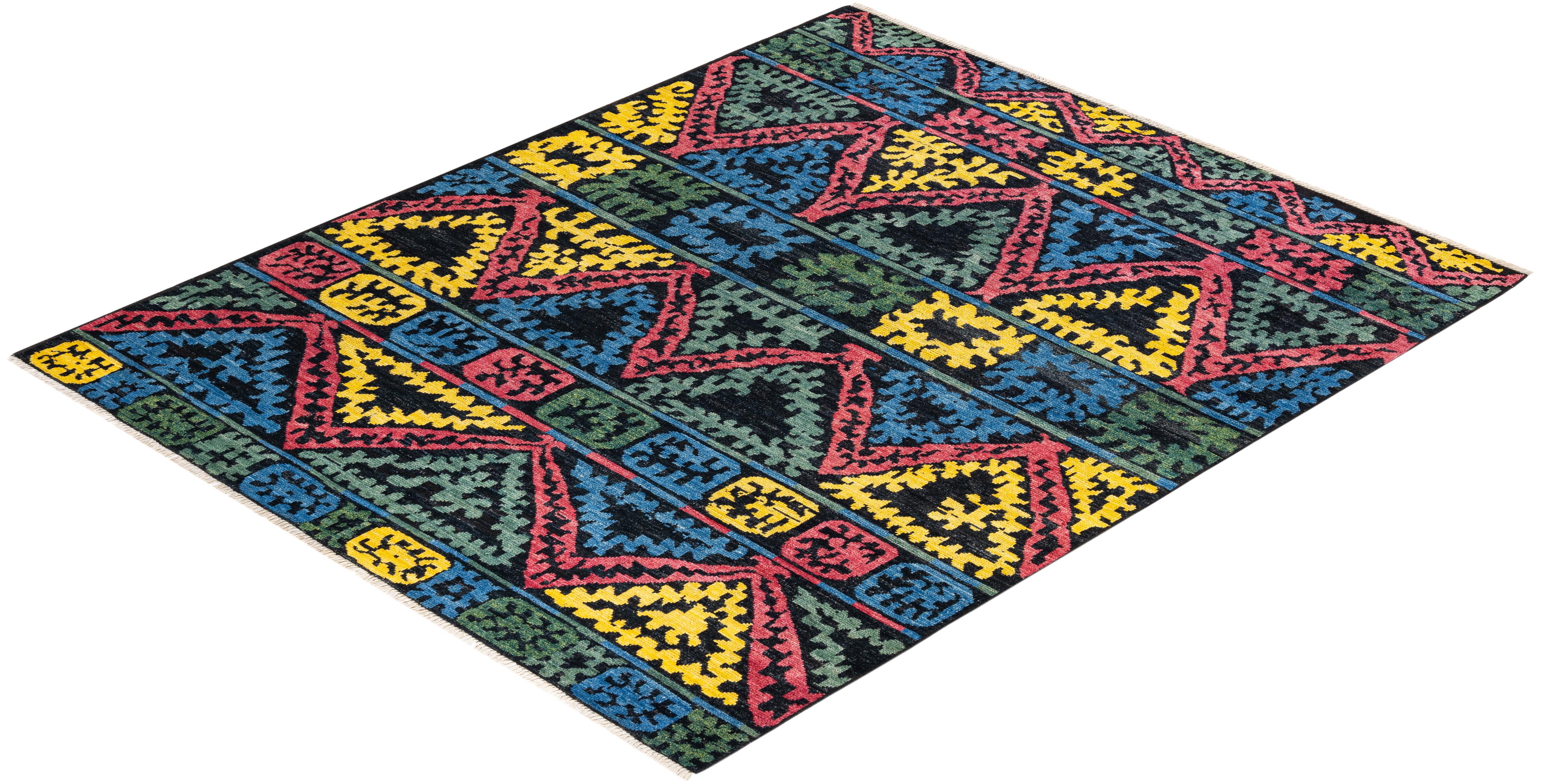 Tapis Ikat moderne noir unique noué à la main, unique en son genre en vente 2