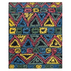 Tapis Ikat moderne noir unique noué à la main, unique en son genre