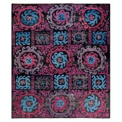 Tapis Ikat moderne noir unique noué à la main, unique en son genre