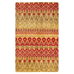 Alfombra verde moderna Ikat anudada a mano, única en su género 4' 10" x 8' 1