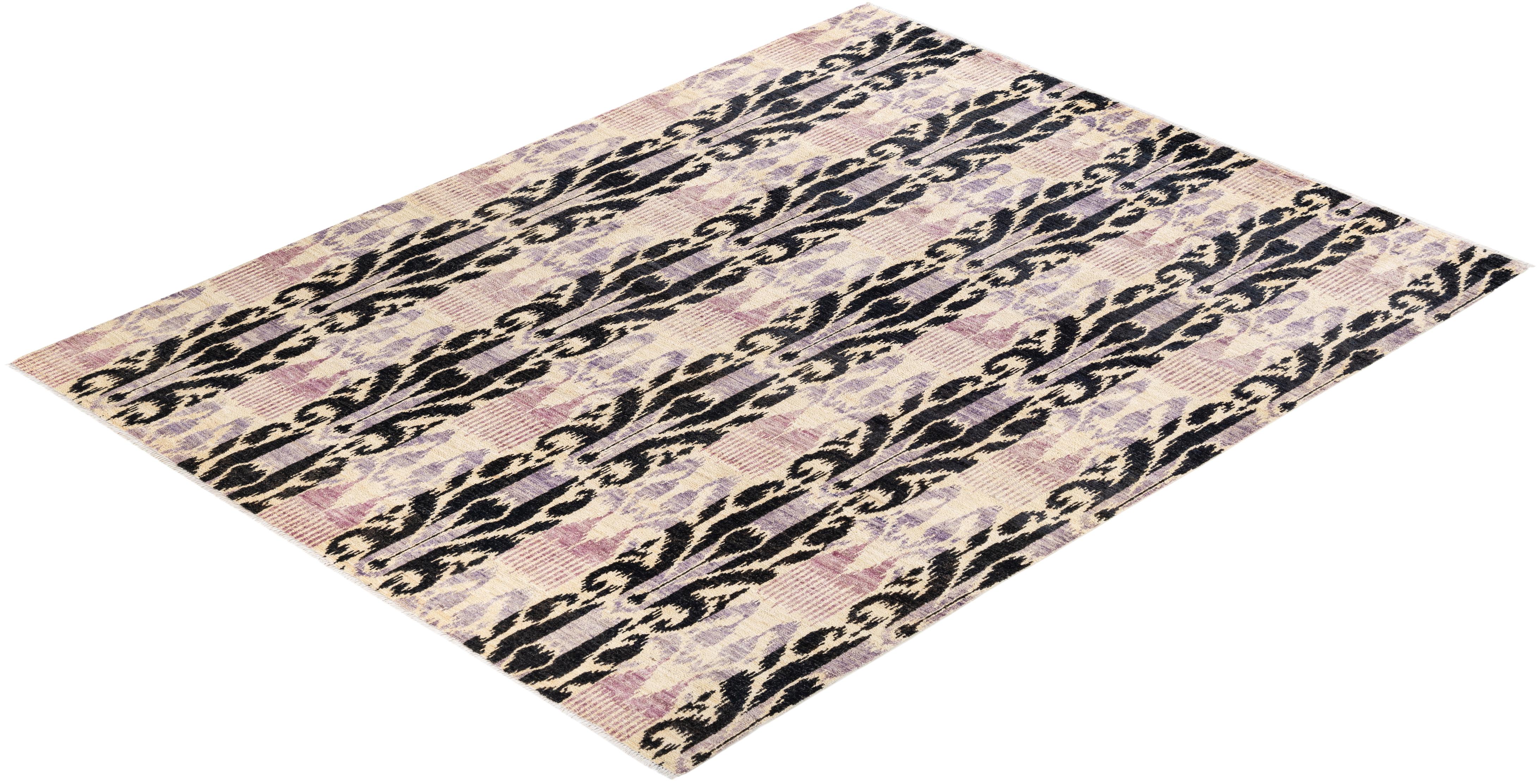 One-of-a-kind Hand Knotted Ikat Modern Ivory Area Rug For Sale 2