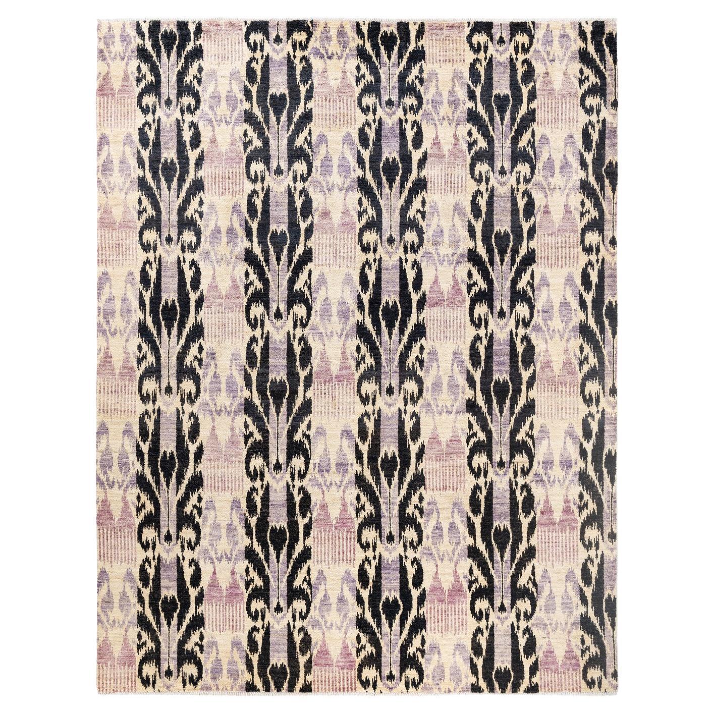 One-of-a-kind Hand Knotted Ikat Modern Ivory Area Rug For Sale