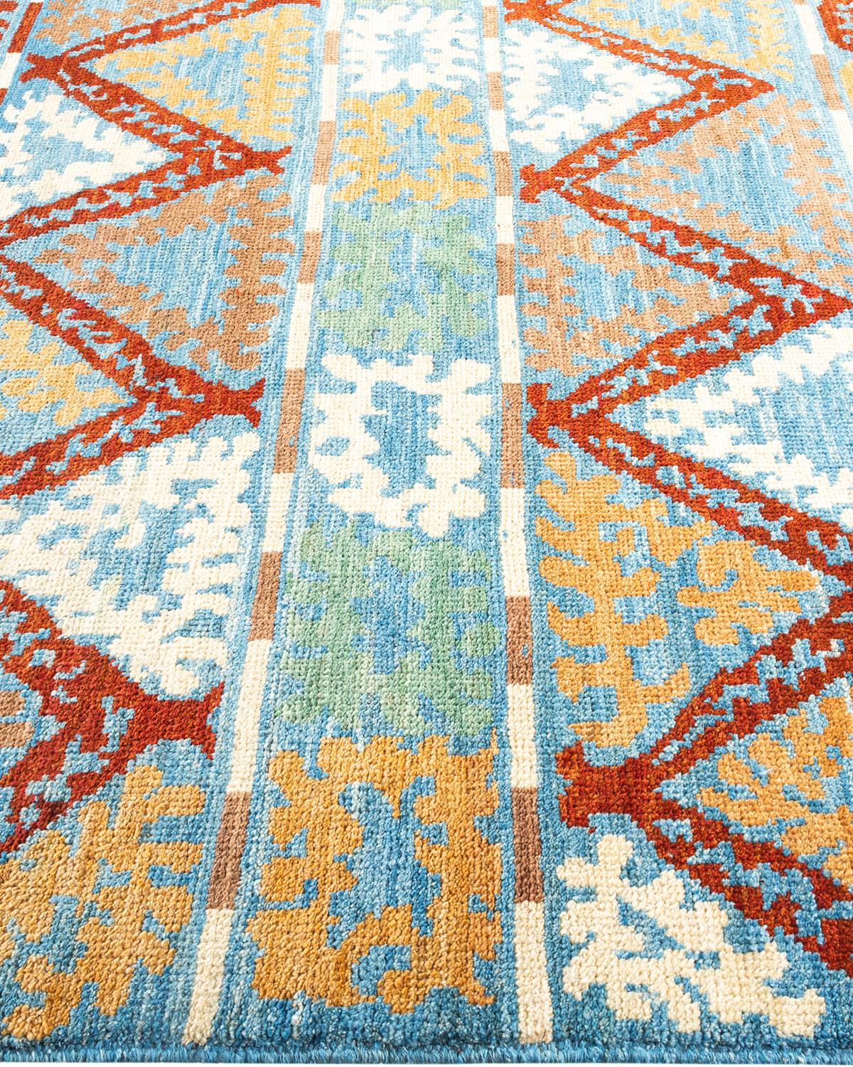 One-of-a-kind Hand Knotted Ikat Modern Light Blue Area Rug In New Condition For Sale In Norwalk, CT