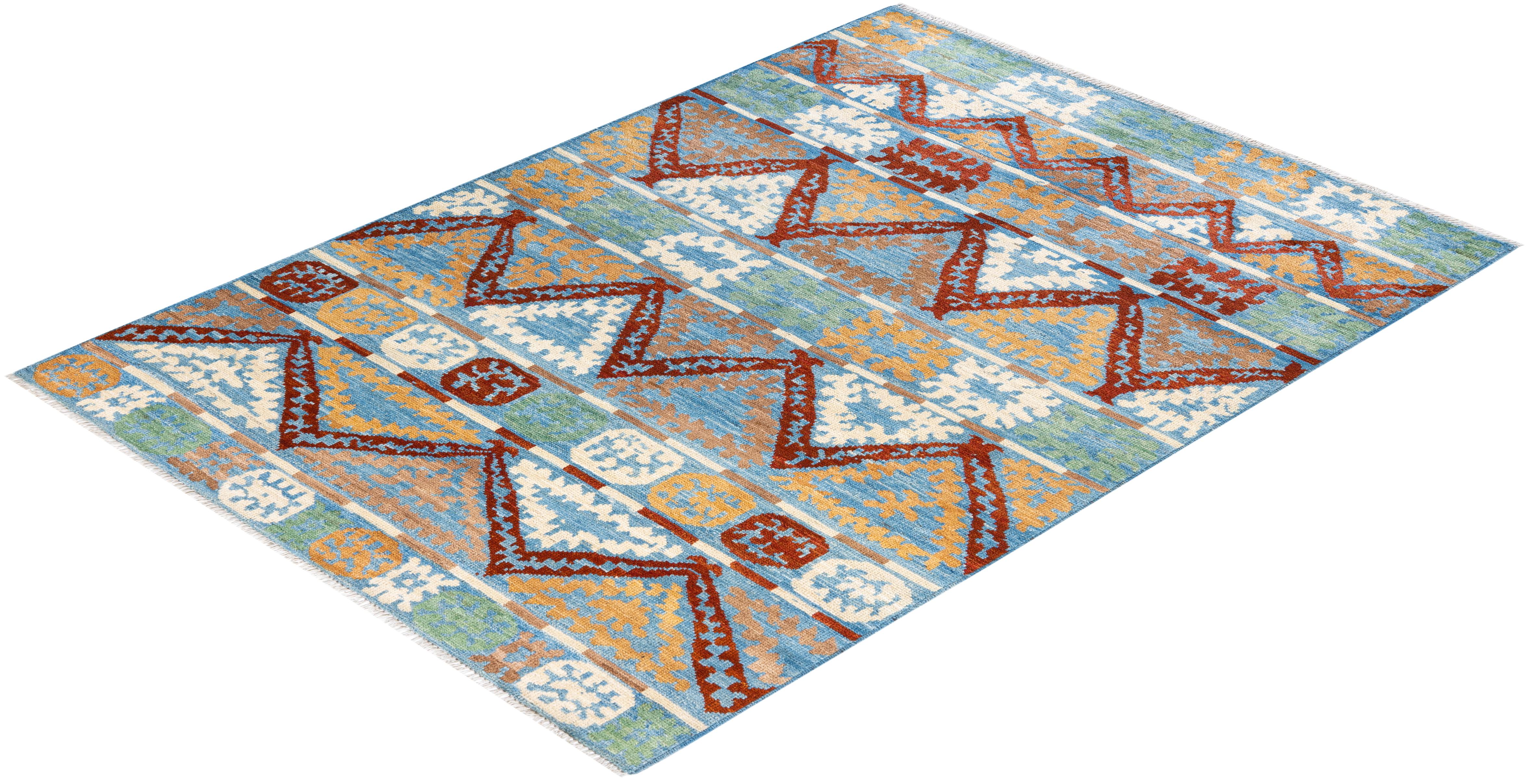 Handgeknüpfter, moderner, hellblauer Ikat-Teppich, Unikat, Unikat im Angebot 2