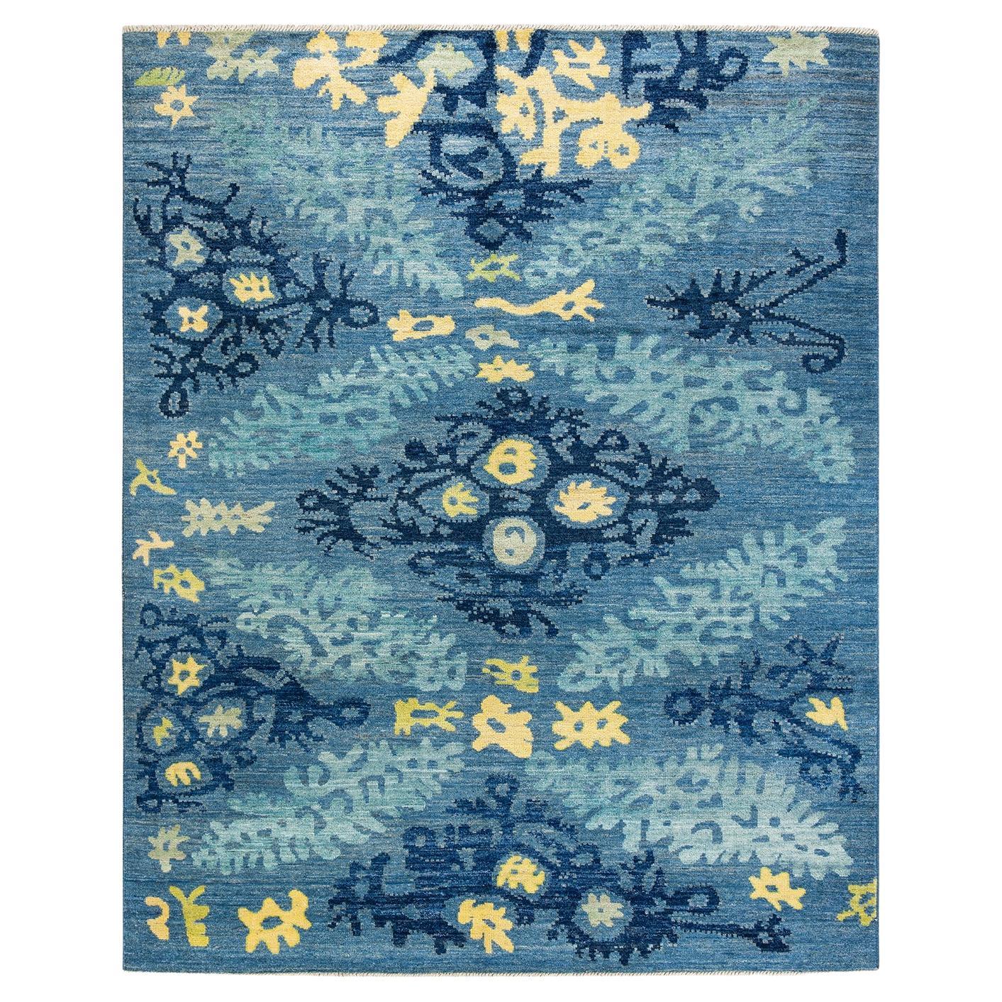 One-of-a-kind Hand Knotted Ikat Modern Light Blue Area Rug For Sale