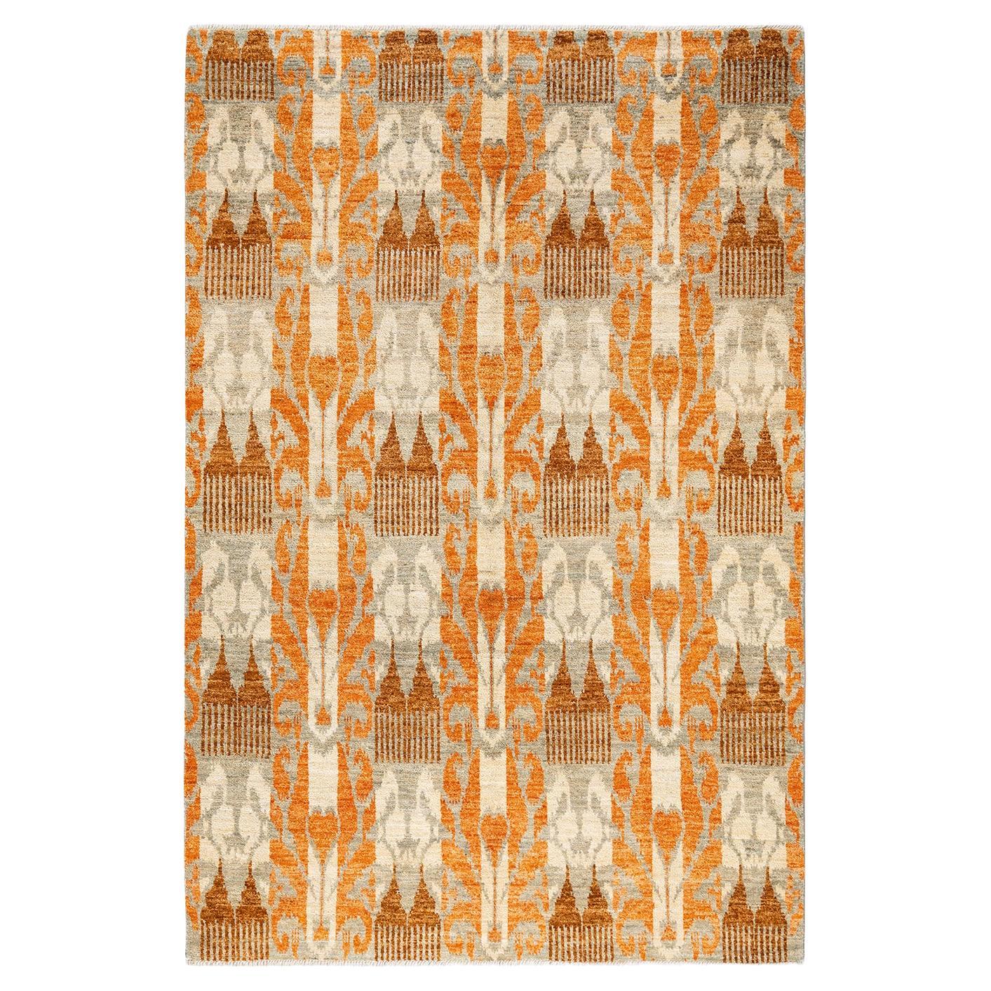 One-of-a-kind Hand Knotted Ikat Modern Light Gray Area Rug For Sale