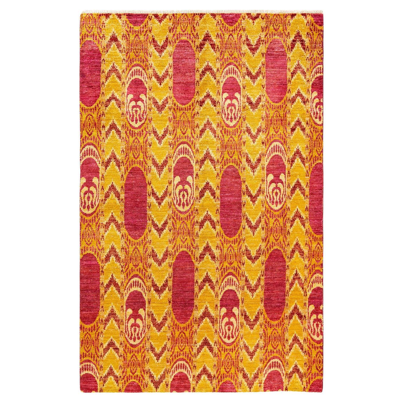 One-of-a-kind Hand Knotted Ikat Modern Orange Area Rug For Sale