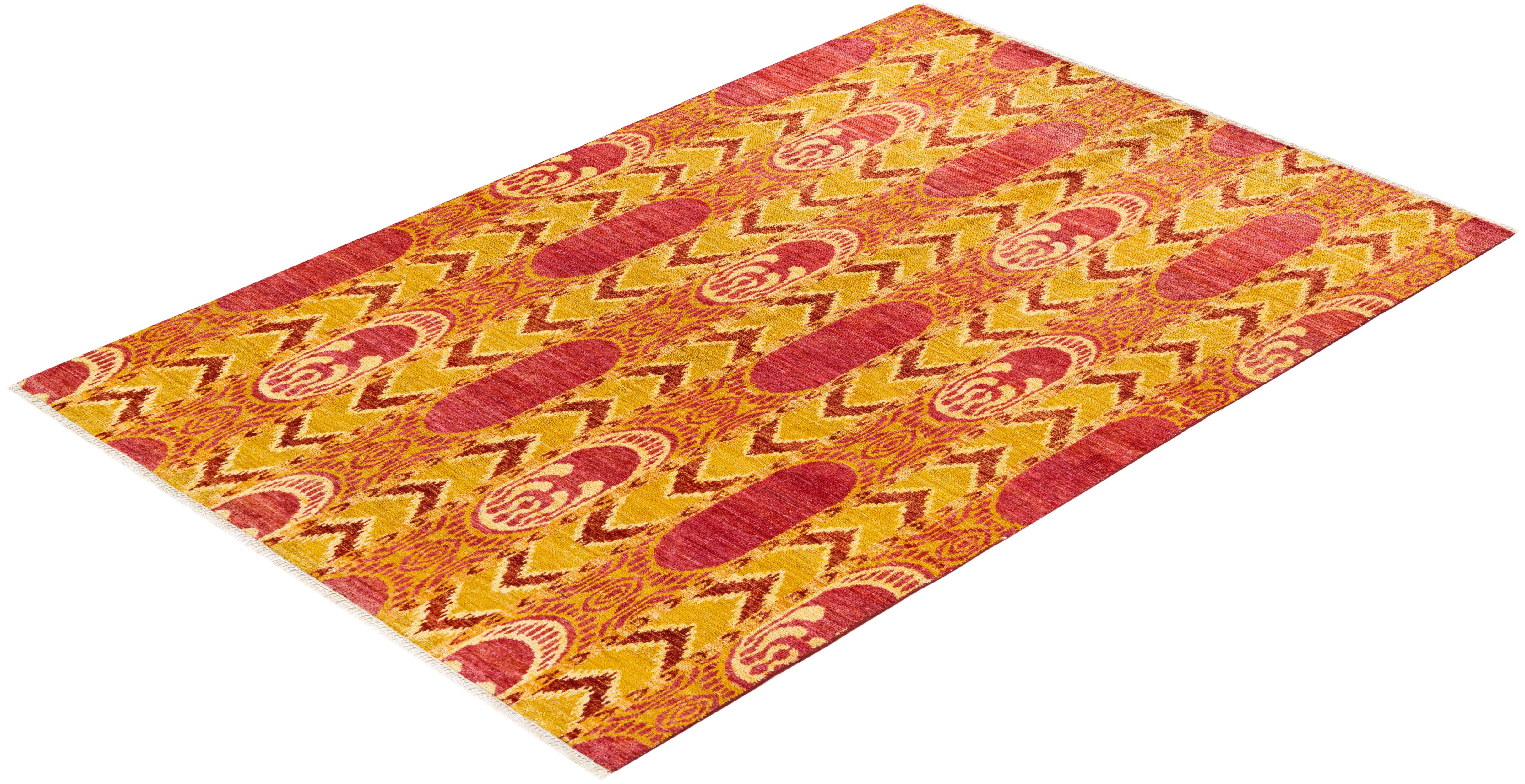 One-Of-A-Kind Hand Knotted Ikat Modern Orange Area Rug 6' 1