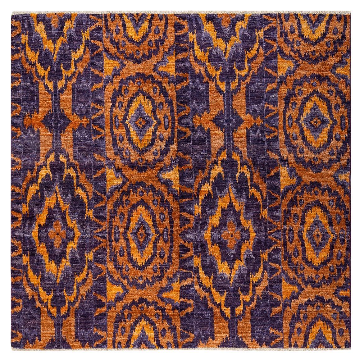 One-of-a-kind Hand Knotted Ikat Modern Purple Area Rug For Sale