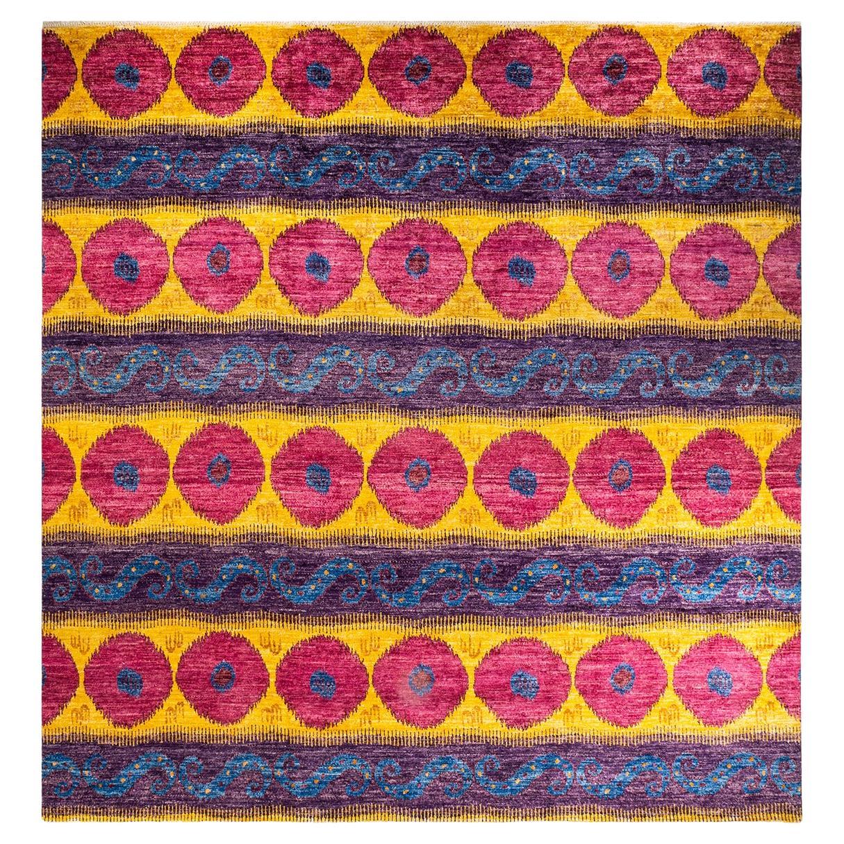 One-Of-A-Kind Hand Knotted Ikat Modern Red Area Rug 11' 10" x 12' 1" For Sale