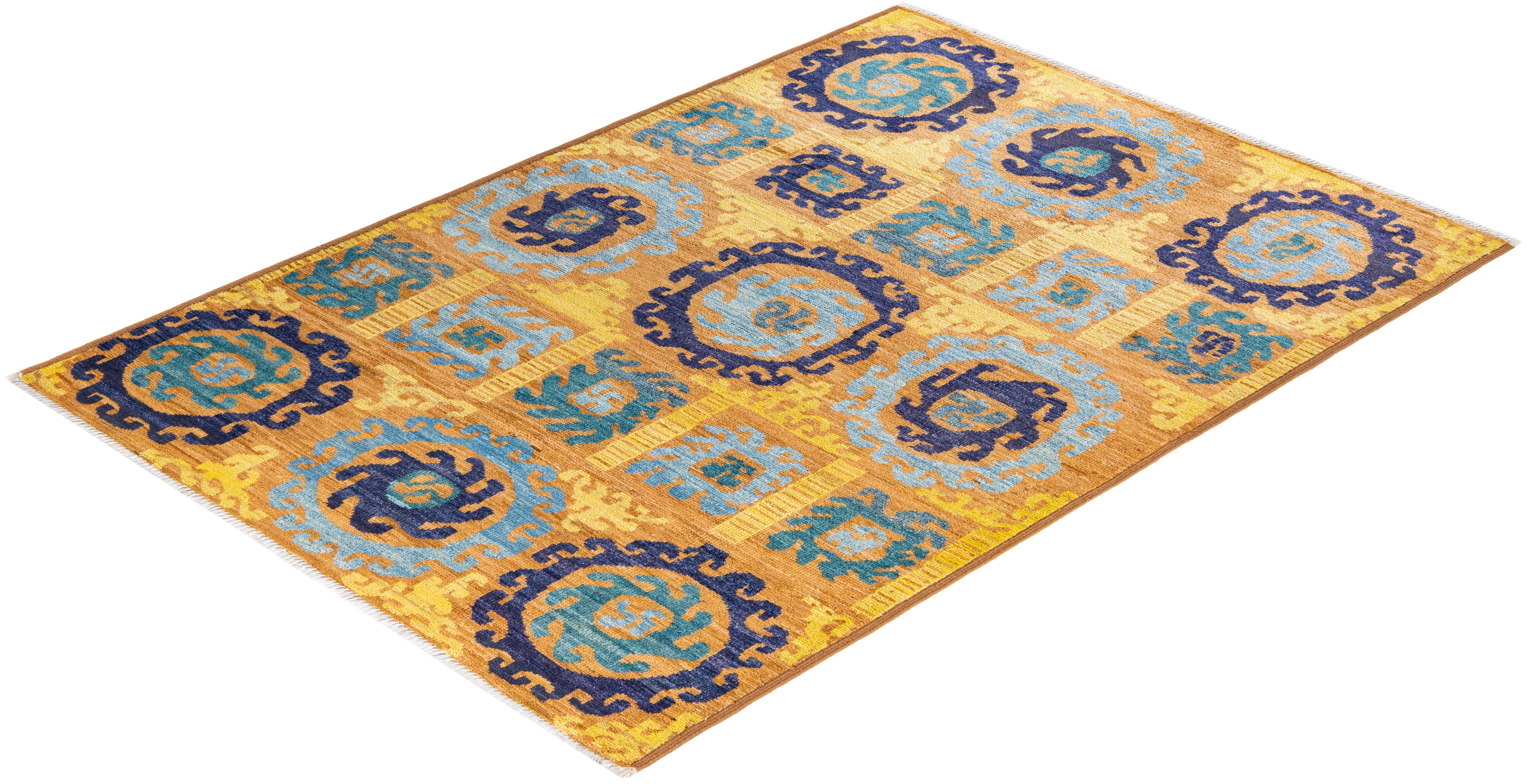 One-of-a-kind Hand Knotted Ikat Modern Yellow Area Rug For Sale 2