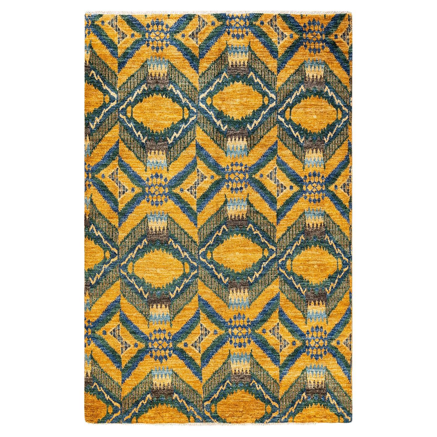 One-of-a-kind Hand Knotted Ikat Modern Yellow Area Rug