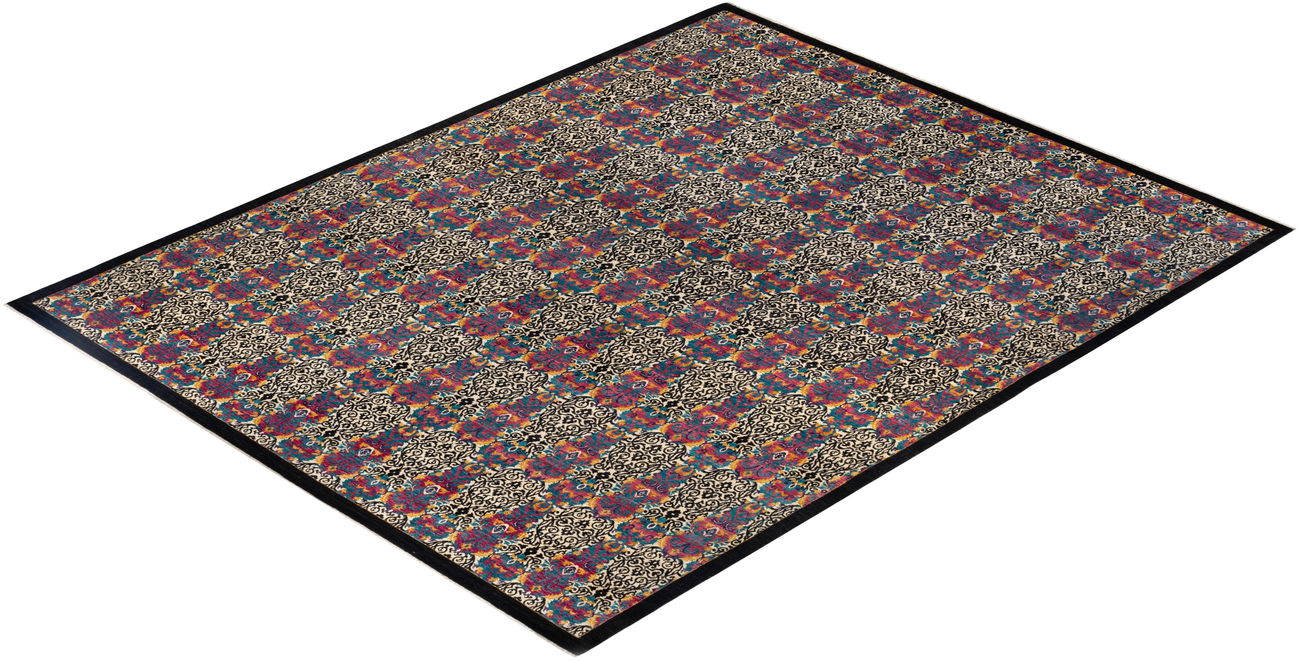 Tapis Ikat Suzani noir unique noué à la main 11' 10