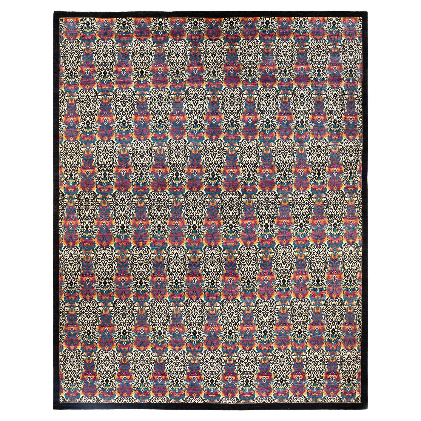 One-Of-A-Kind Hand Knotted Ikat Suzani Black Area Rug 11' 10" x 15' 3" For Sale