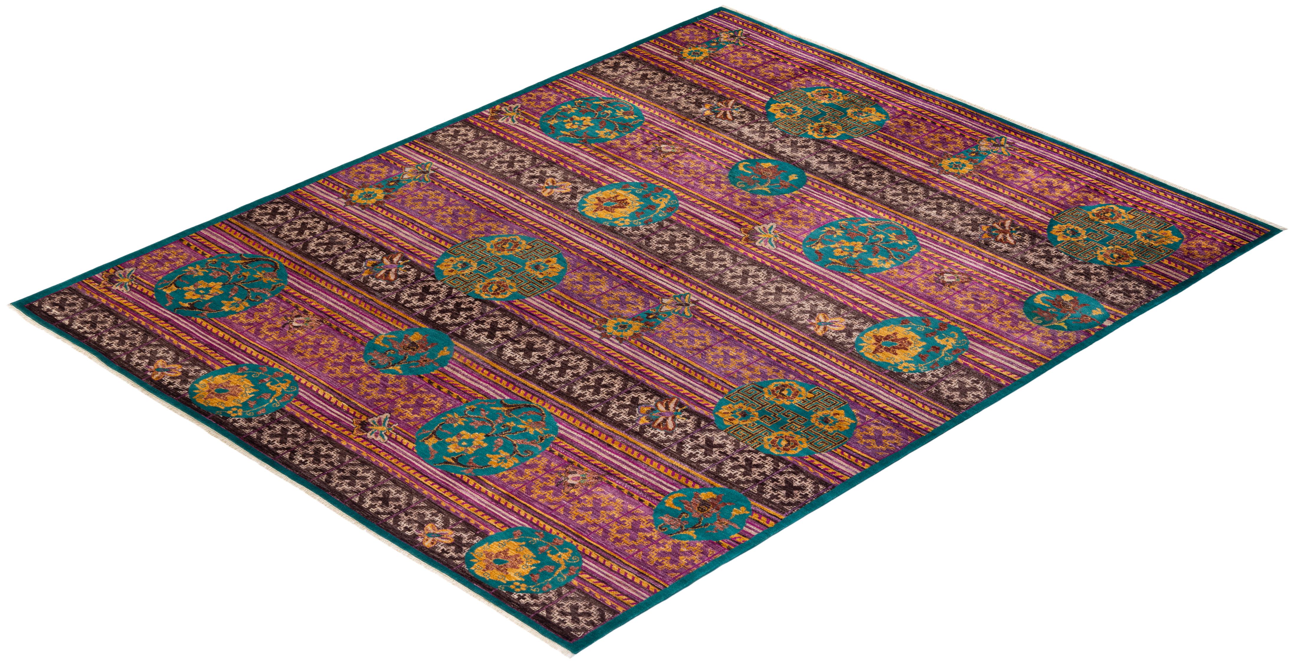 One-of-a-kind Hand Knotted Ikat Suzani Green Area Rug For Sale 2