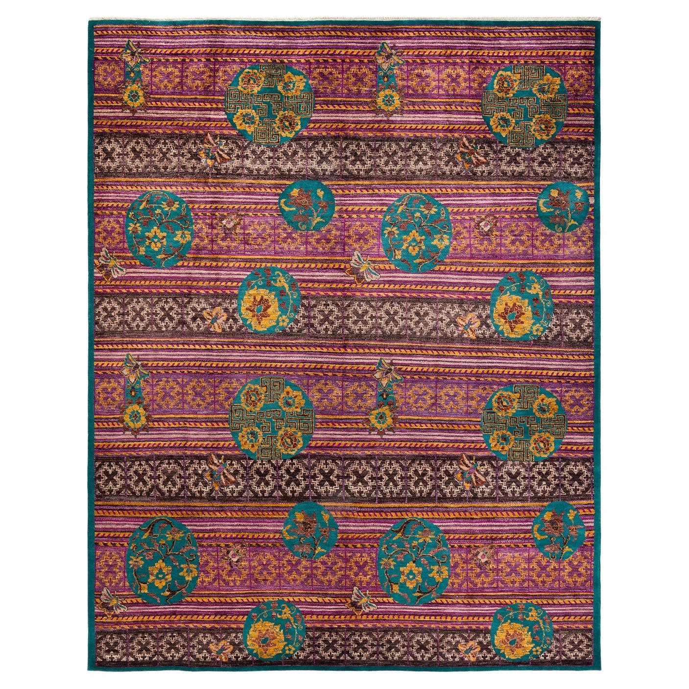 One-of-a-kind Hand Knotted Ikat Suzani Green Area Rug For Sale