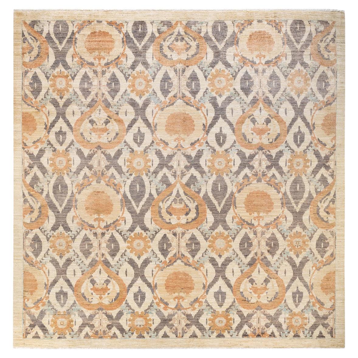 Oneofakind Hand Knotted Contemporary Ikat Suzani Ivory Area Rug For