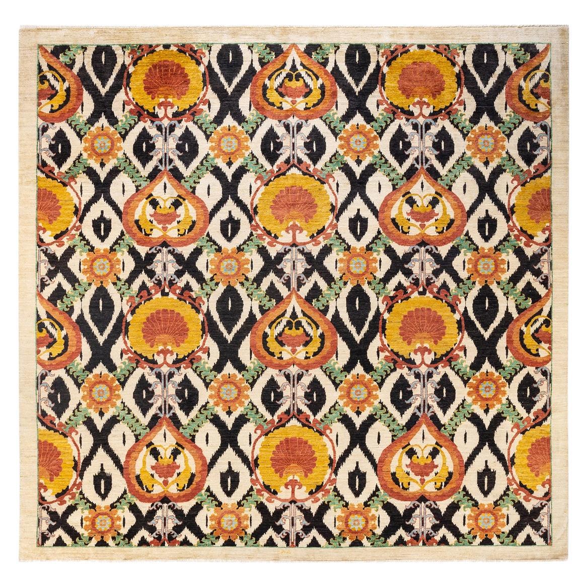 Oneofakind Hand Knotted Contemporary Ikat Suzani Ivory Area Rug For