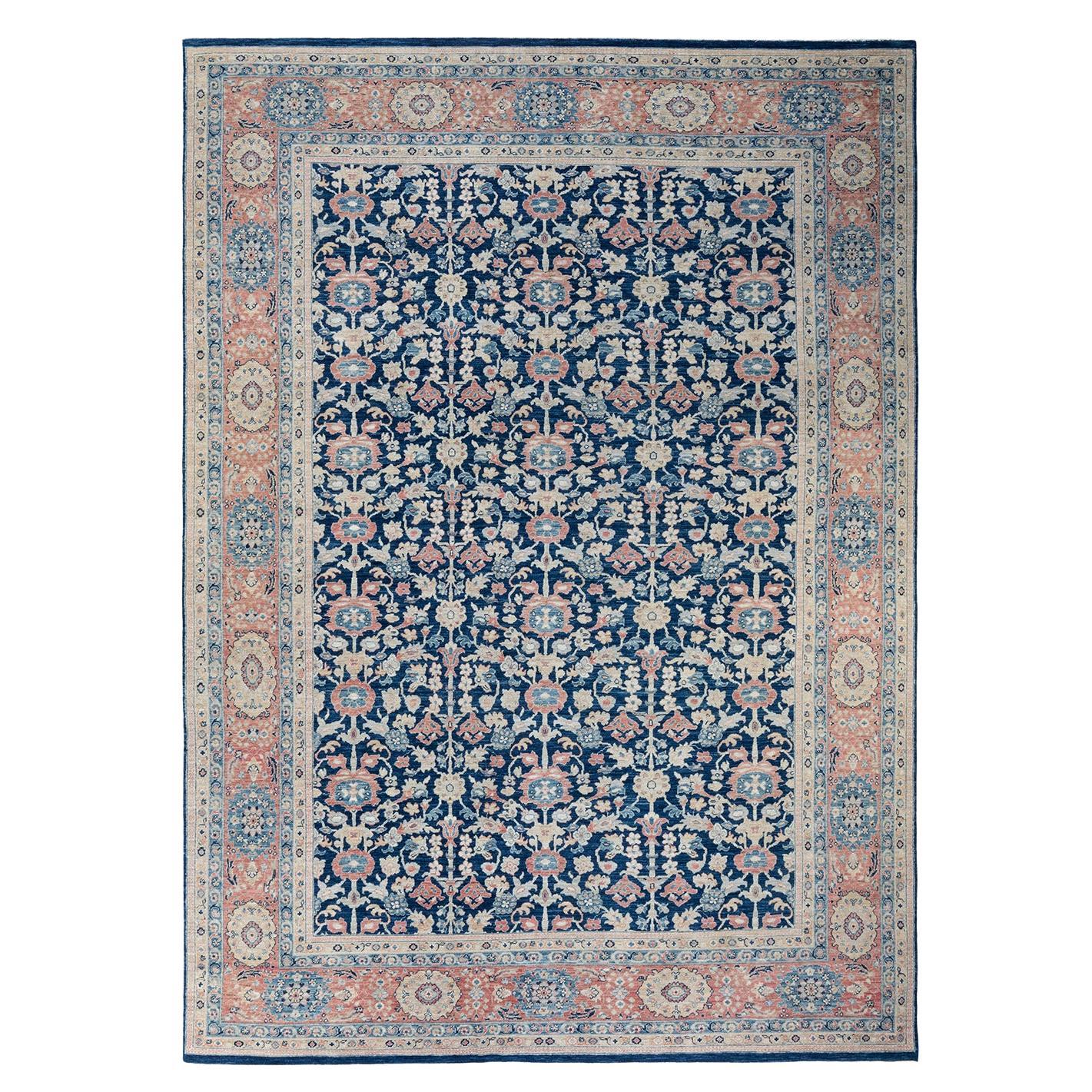Handgeknüpfter, orientalischer, eklektischer blauer Teppich, Unikat