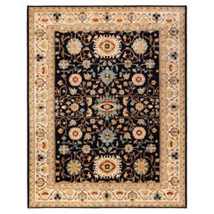 Tapis bleu oriental éclectique noué à la main, unique en son genre