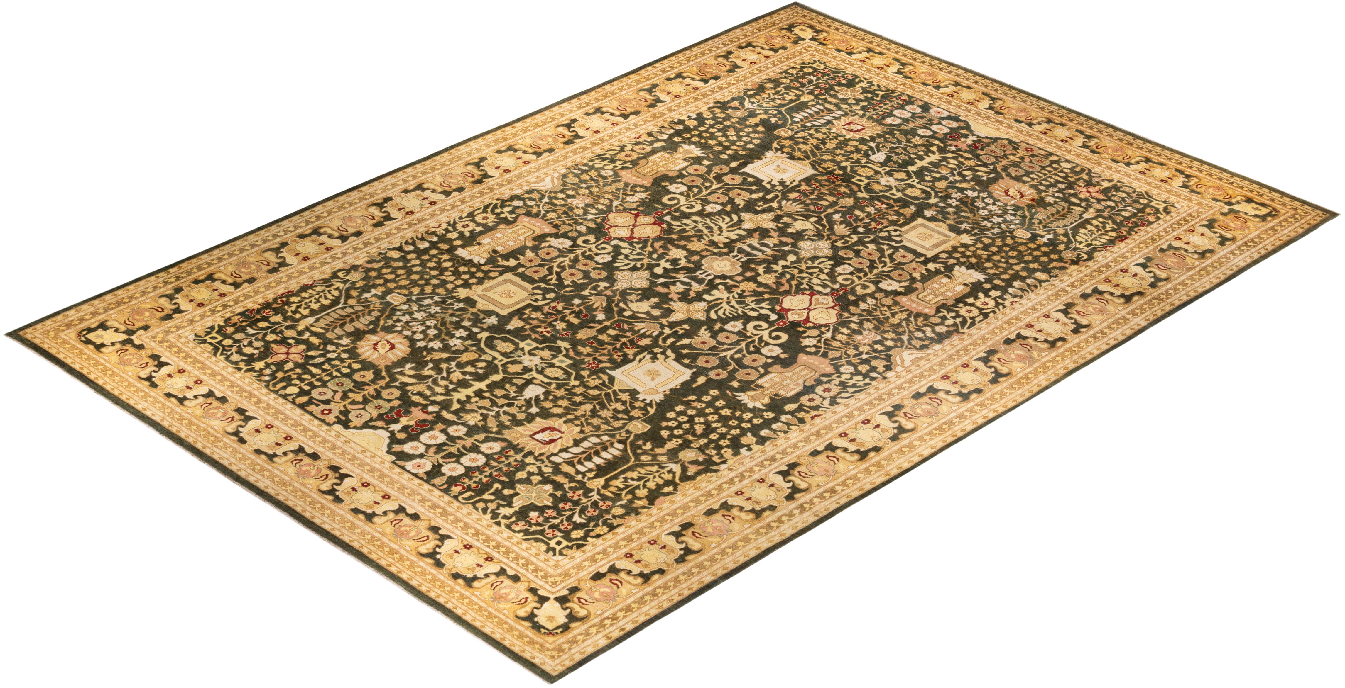 One-Of-A-Kind Hand Knotted Oriental Eclectic Green Area Rug For Sale 2