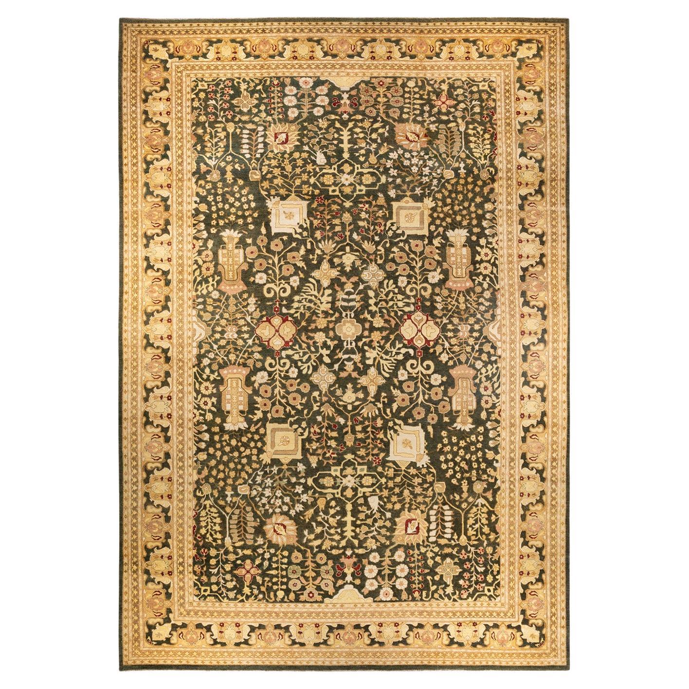 One-Of-A-Kind Hand Knotted Oriental Eclectic Green Area Rug For Sale