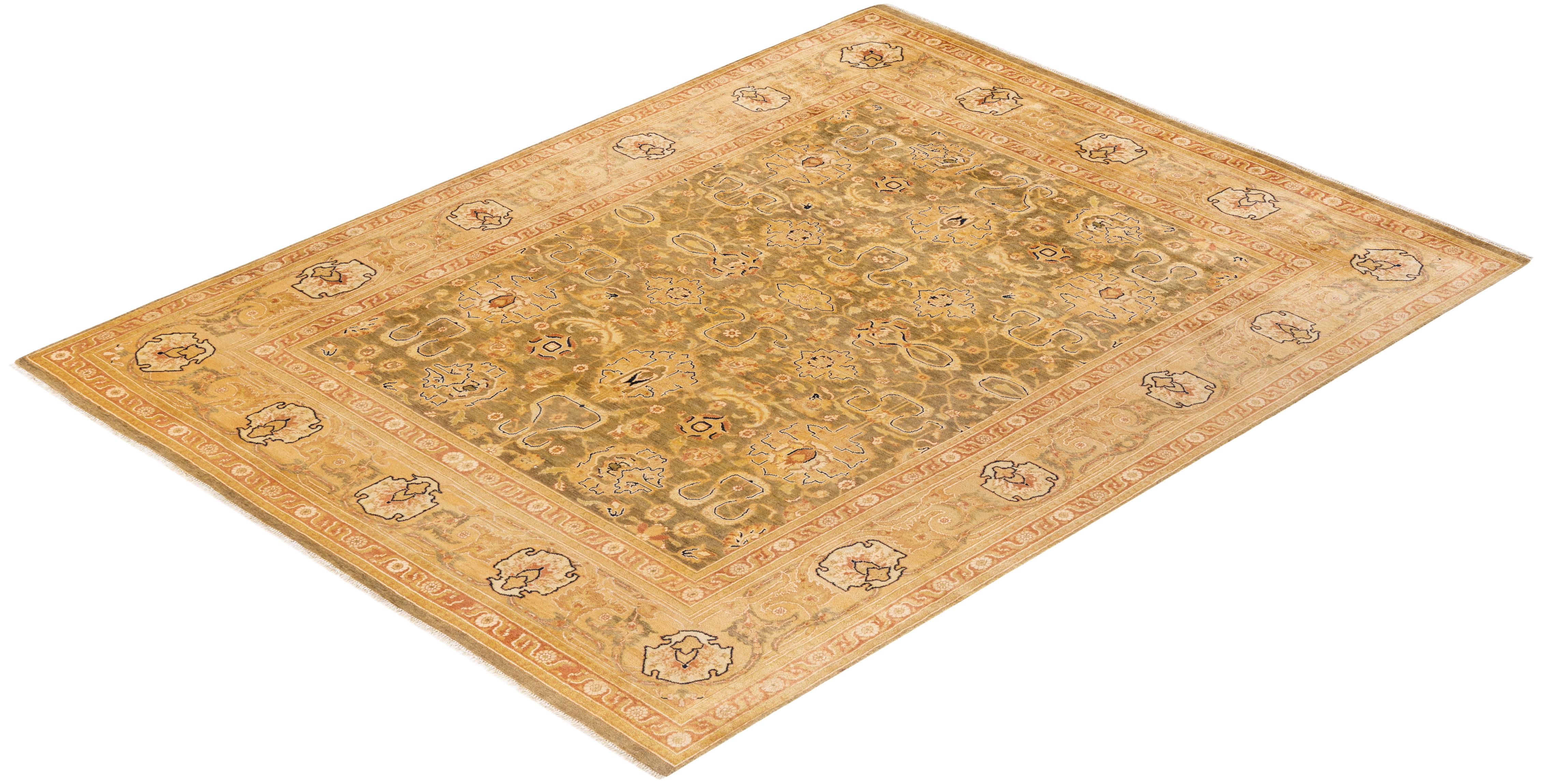 One-of-a-Kind Hand Knotted Oriental Eclectic Green Area Rug For Sale 2