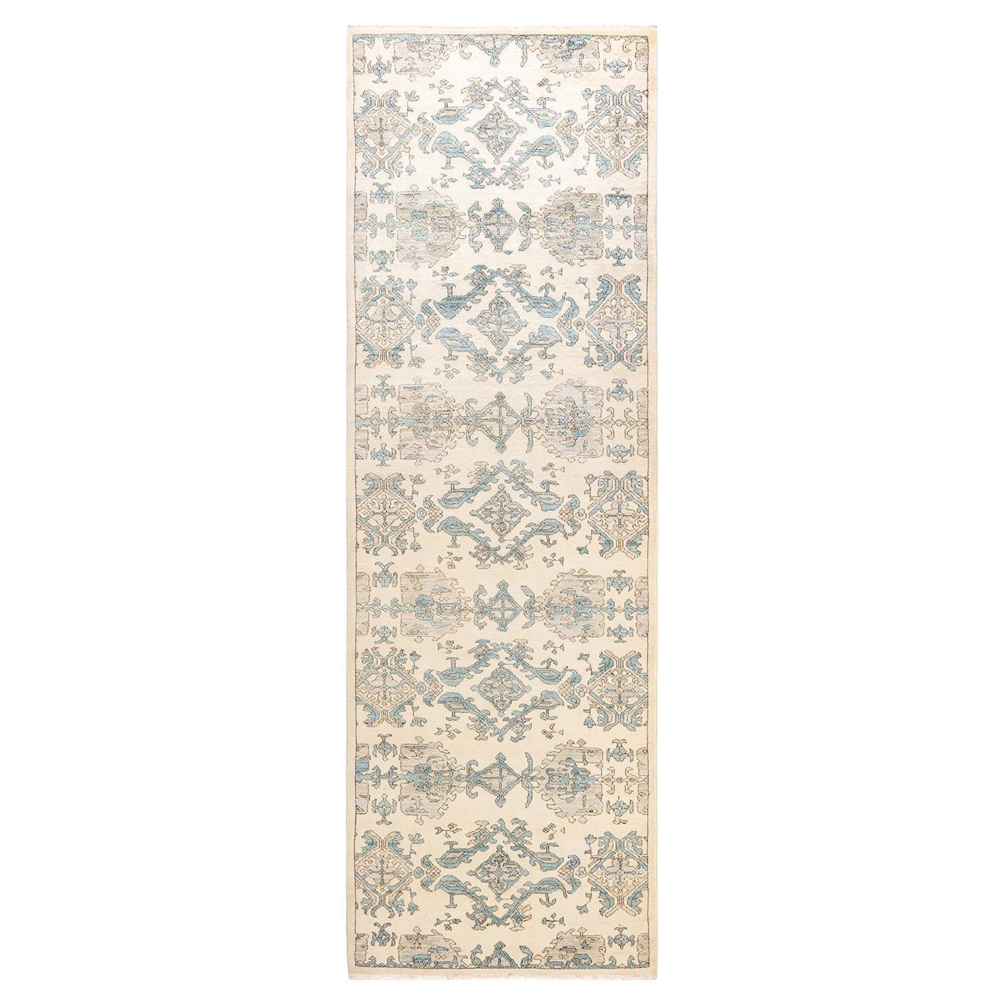 One-Of-A-Kind Hand Knotted Oriental Eclectic Ivory Area Rug 3' 5" x 10' 2" For Sale
