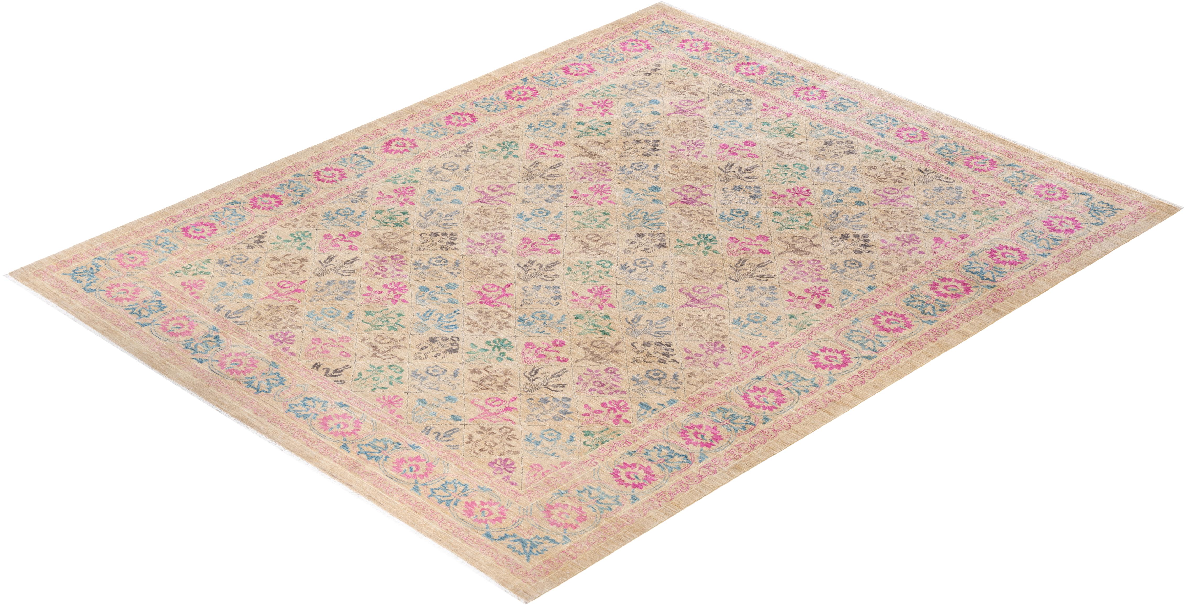 One-of-a-Kind Hand Knotted Oriental Eclectic Ivory Area Rug For Sale 2