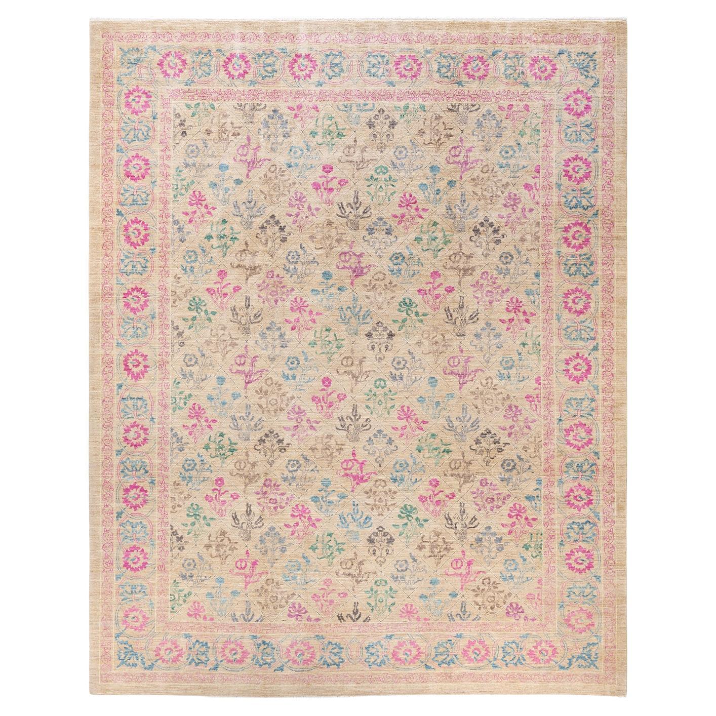 One-of-a-Kind Hand Knotted Oriental Eclectic Ivory Area Rug For Sale