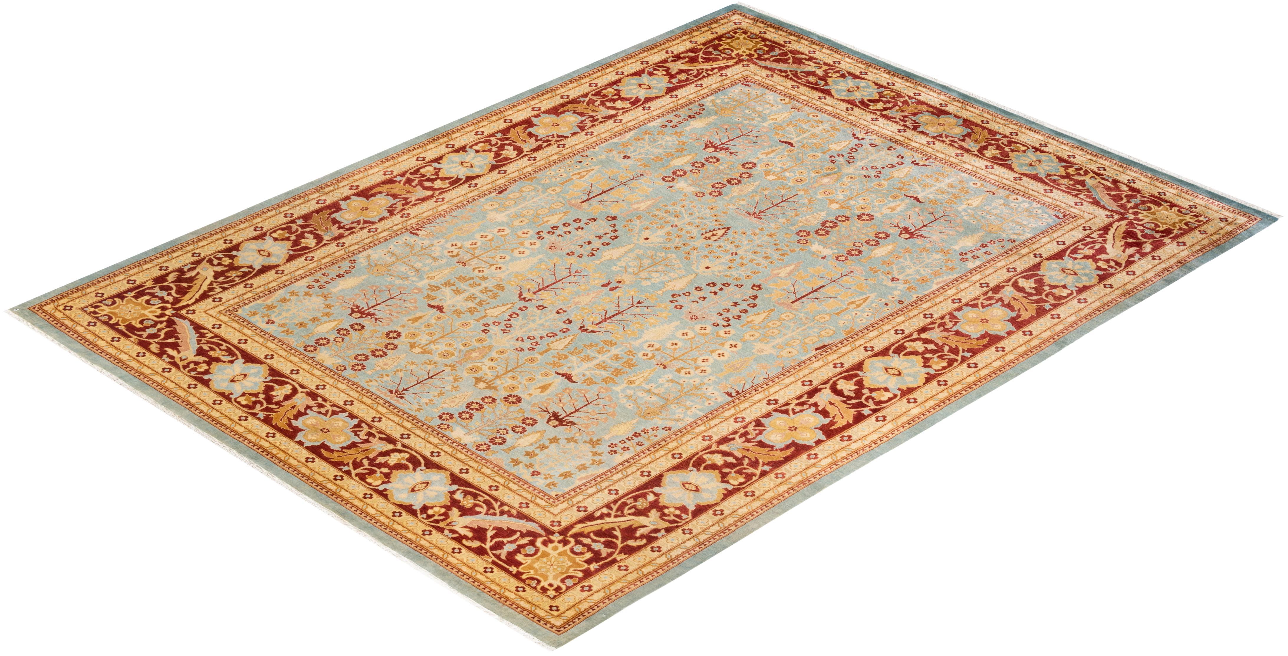 One-of-a-kind Hand Knotted Oriental Eclectic Light Blue Area Rug For Sale 2