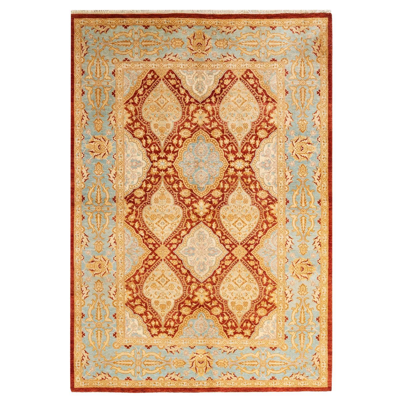 Alfombra oriental ecléctica naranja anudada a mano única en su género en venta