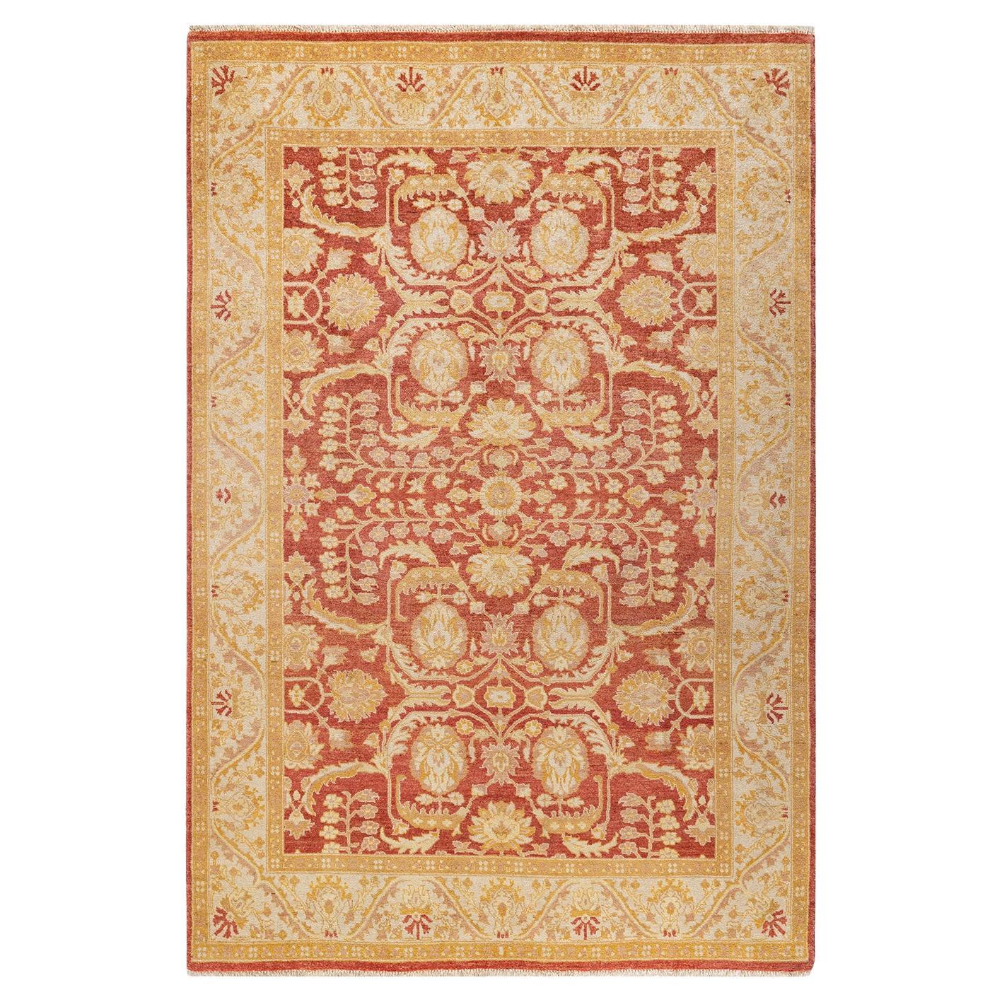 Alfombra oriental ecléctica naranja anudada a mano única en su género