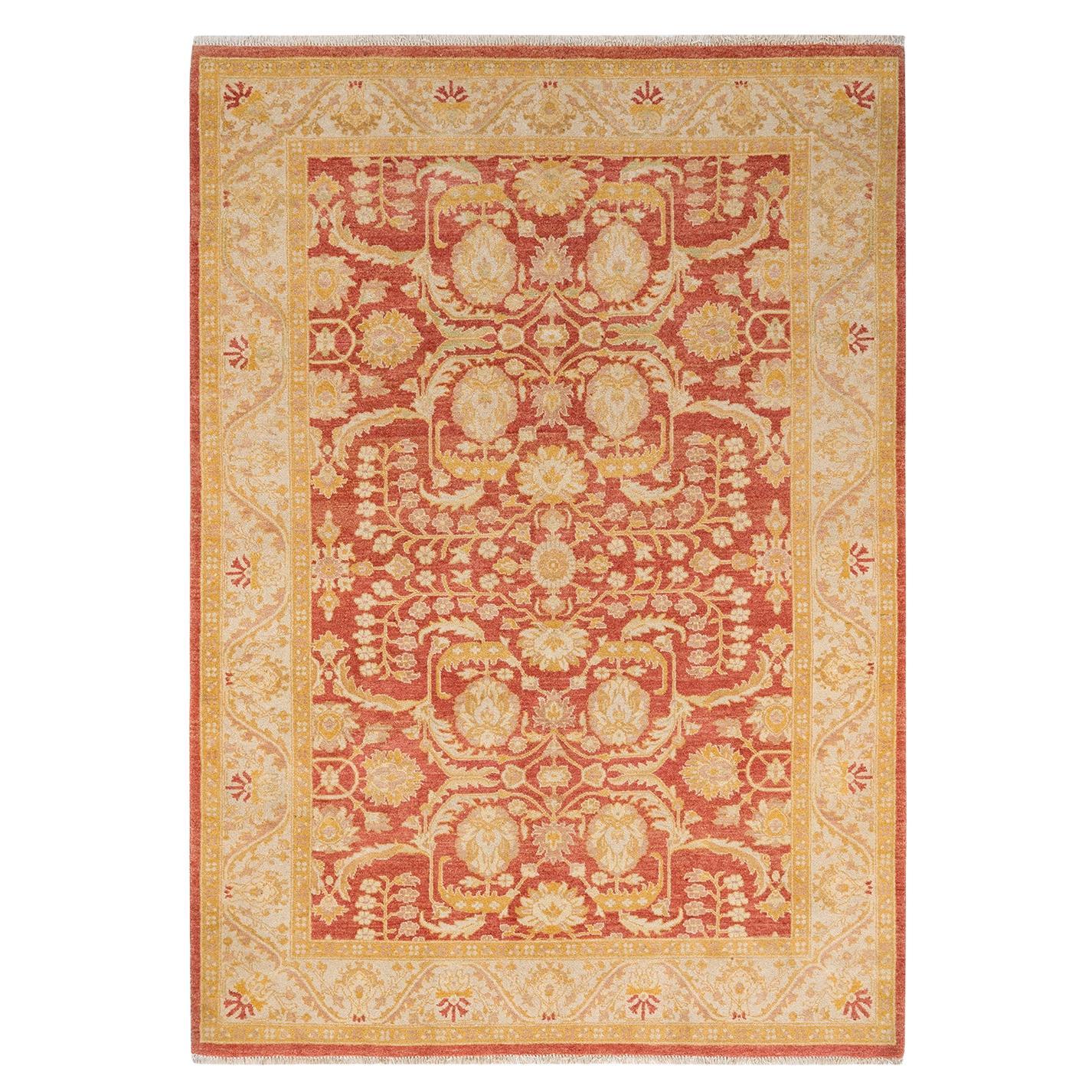 Alfombra oriental ecléctica naranja anudada a mano única en su género