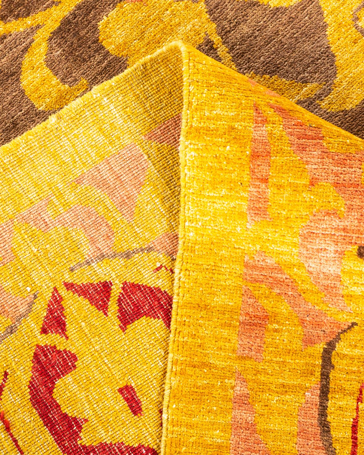 Wool One-of-a-kind Hand Knotted Oriental Eclectic Yellow Area Rug For Sale