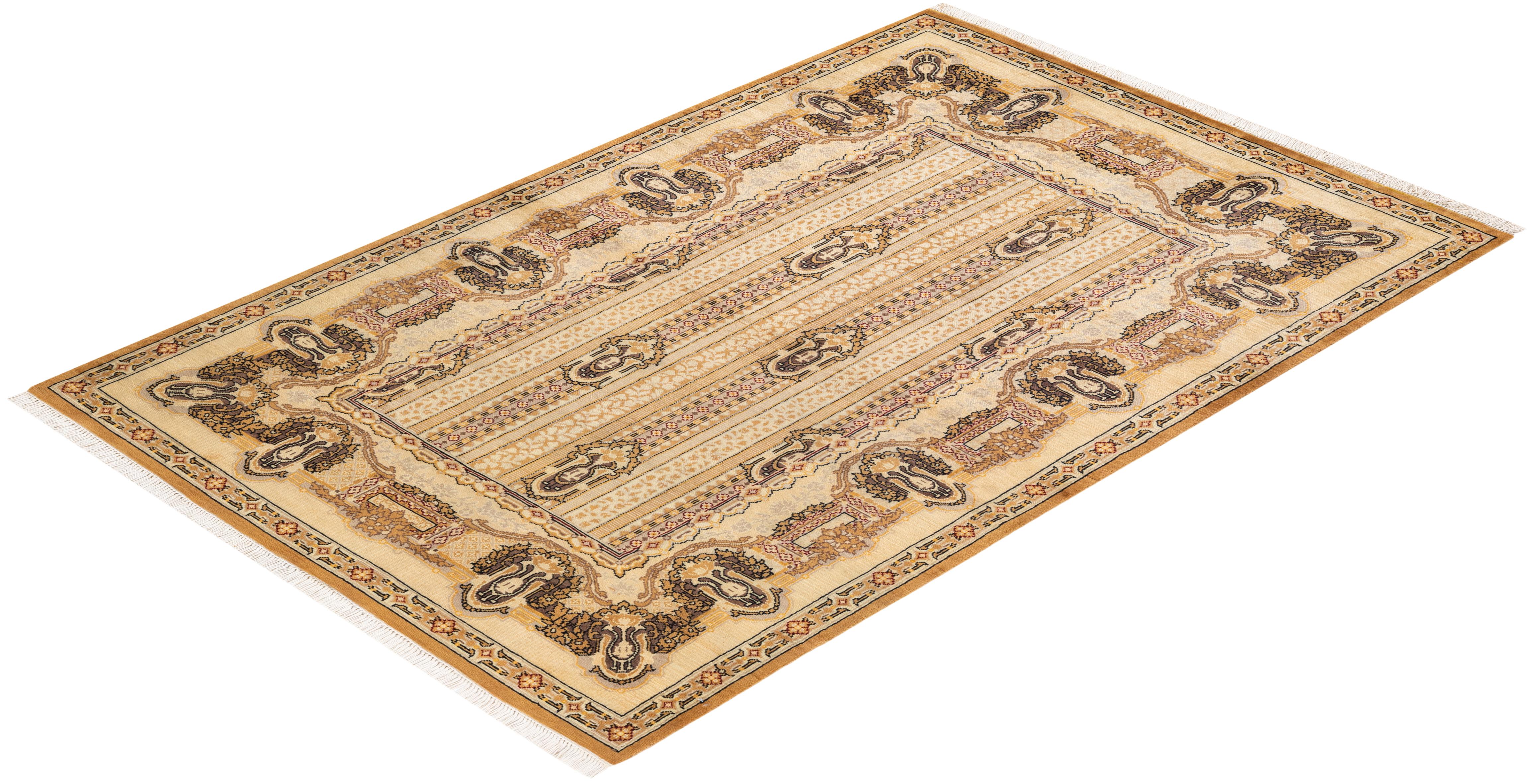One-of-a-Kind Hand Knotted Oriental Eclectic Yellow Area Rug For Sale 2