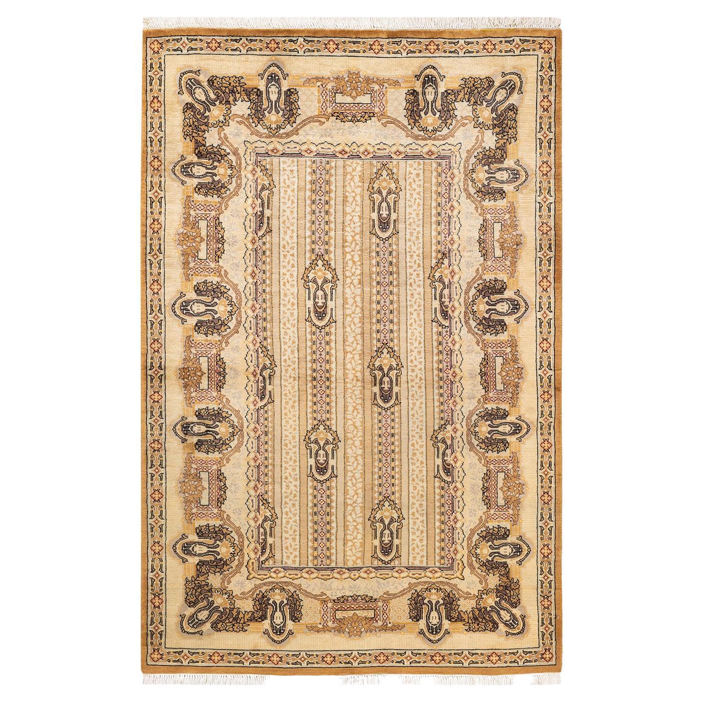 One-of-a-Kind Hand Knotted Oriental Eclectic Yellow Area Rug For Sale