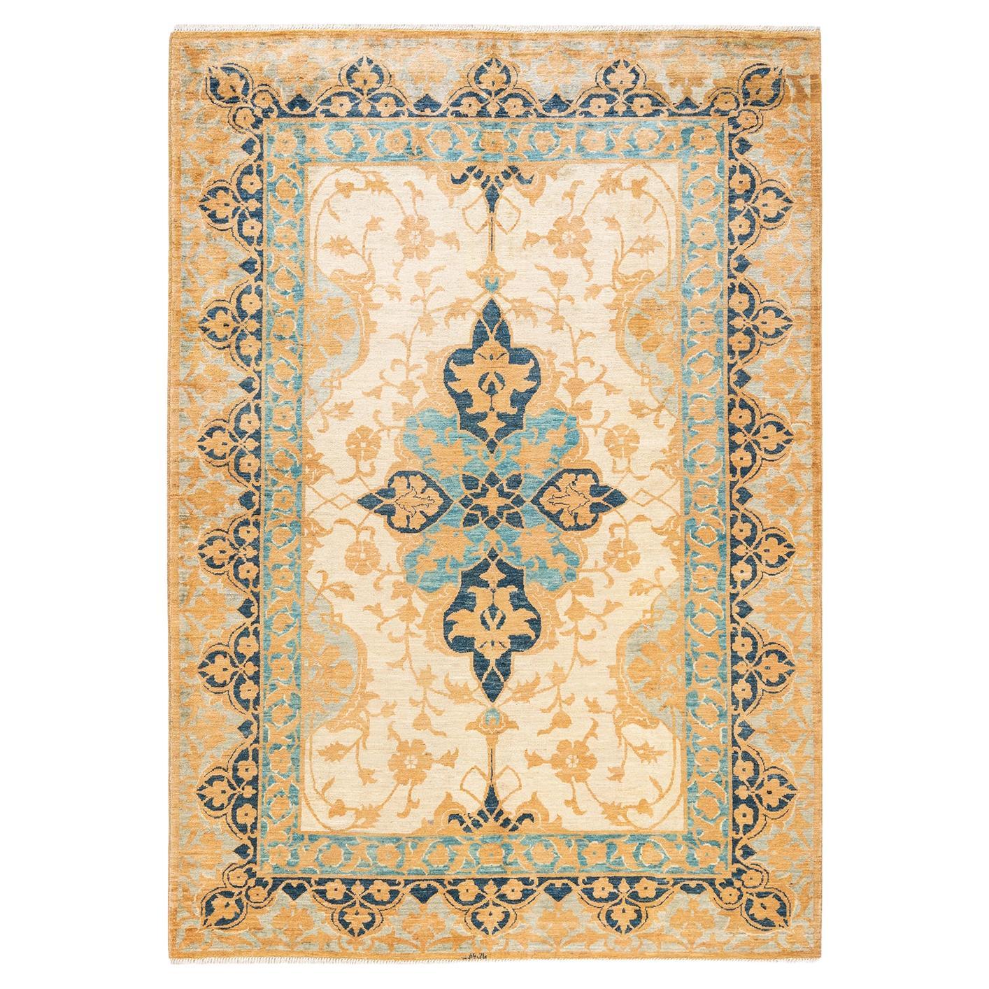 One-of-a-kind Hand Knotted Oriental Eclectic Yellow Area Rug For Sale