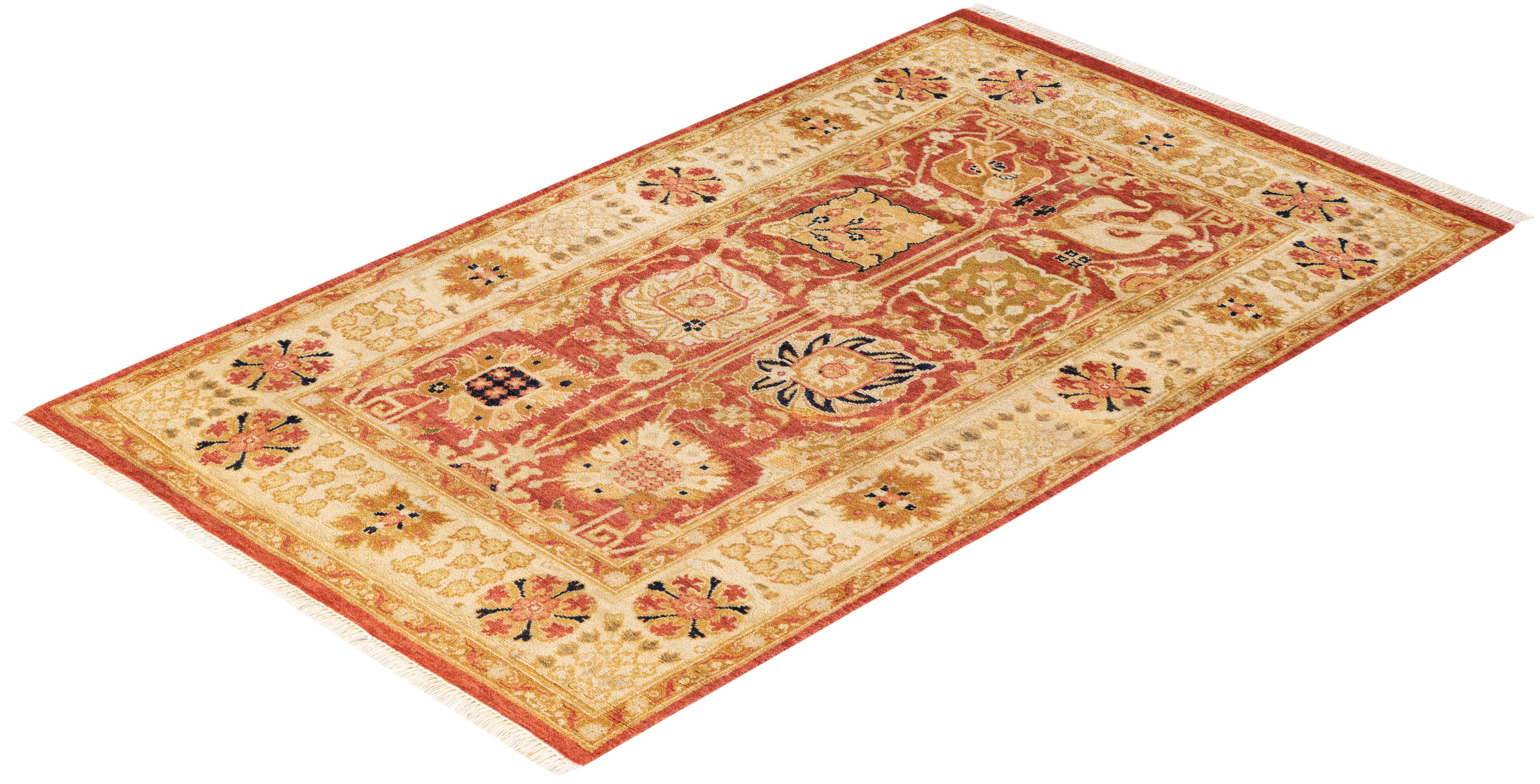 Alfombra moderna oriental anudada a mano, única en su género, de color naranja en venta 2